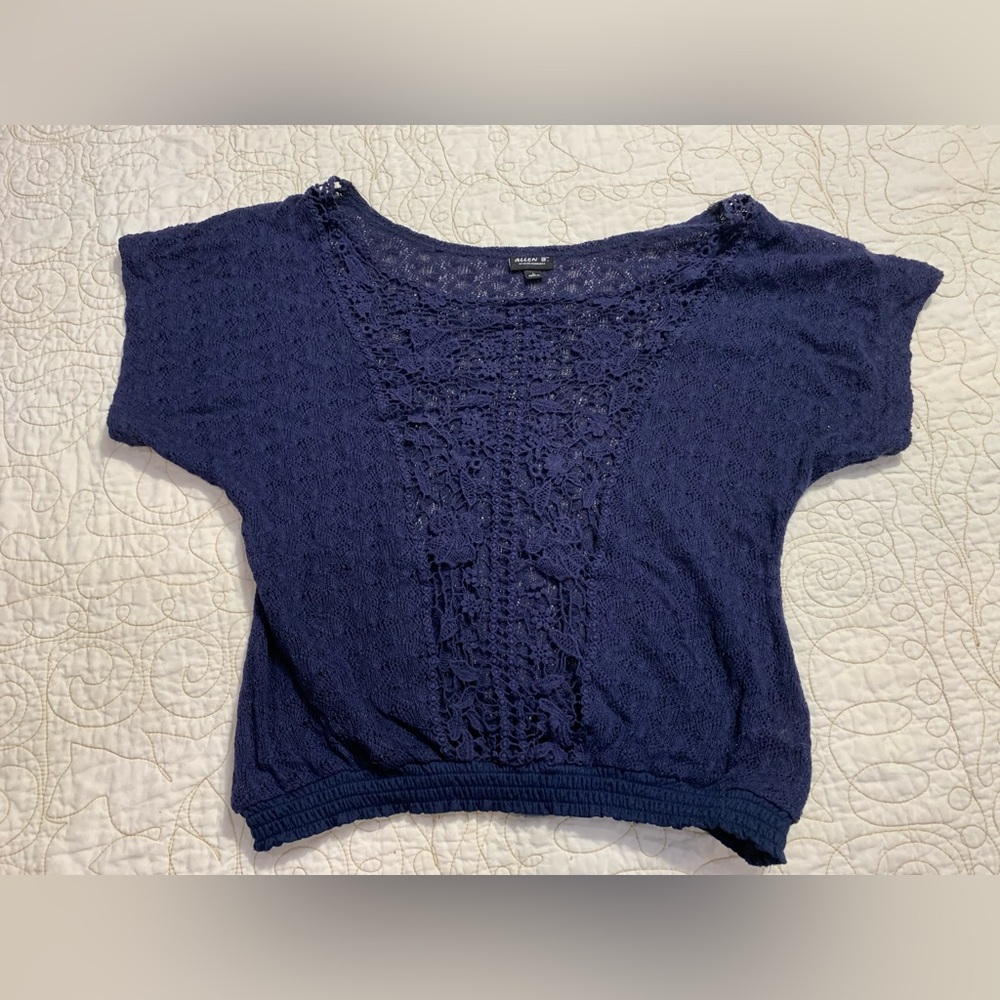 Allen B. By Allen Schwartz Blue Knit Short‎ Sleeve Lace Top Size Large